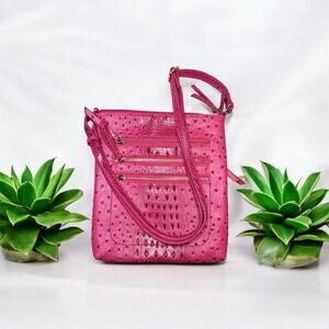 Ostrich Embossed Messenger Bag With Multi Front-Zipped Crossbody Pink